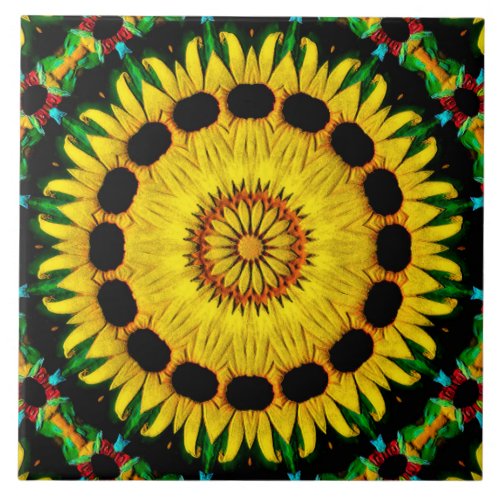Sunny Black Eyed Susan Rudbeckia Mandala Abstract Ceramic Tile