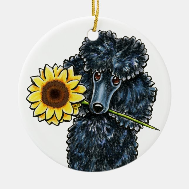 Sunny Black Miniature Poodle Personalized Ceramic Ornament (Front)