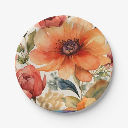 Sunny Blooms Vibrant Orange Flower Design Paper  Paper Plates