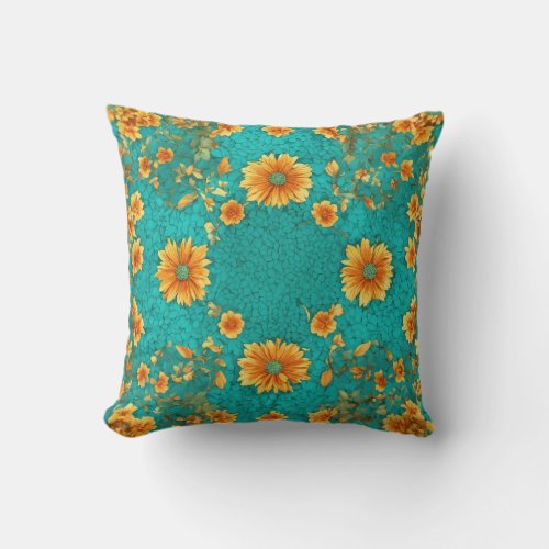 Sunny Blossoms Green Background with Yellow Flow Throw Pillow