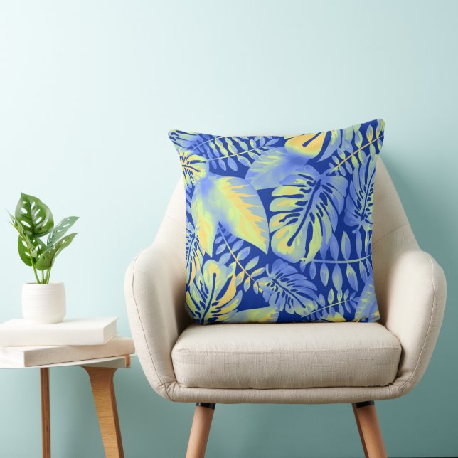 Sunny Blue and Orange Palm Leaf Tropical Beach Throw Pillow (Chair)