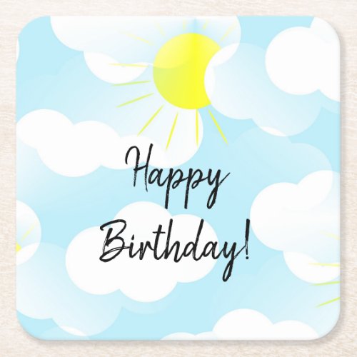Sunny Blue Summer Sky with Clouds Birthday Wishes  Square Paper Coaster