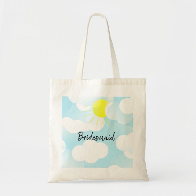 Sunny Blue Summer Sky with Clouds Bridesmaid Name Tote Bag (Front)