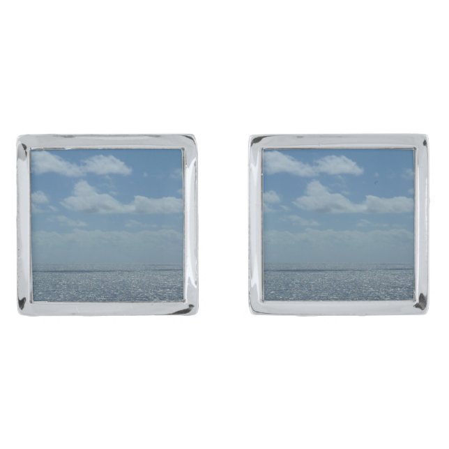 Sunny Caribbean Sea Blue Ocean Silver Cufflinks (Front)