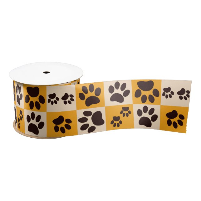 Sunny Cat Paw Print Checkerboard Satin Ribbon (Spool)