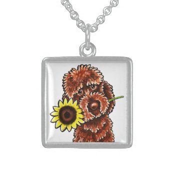 Sunny Chocolate Labradoodle Off-leash Art™ Sterling Silver Necklace by offleashart at Zazzle