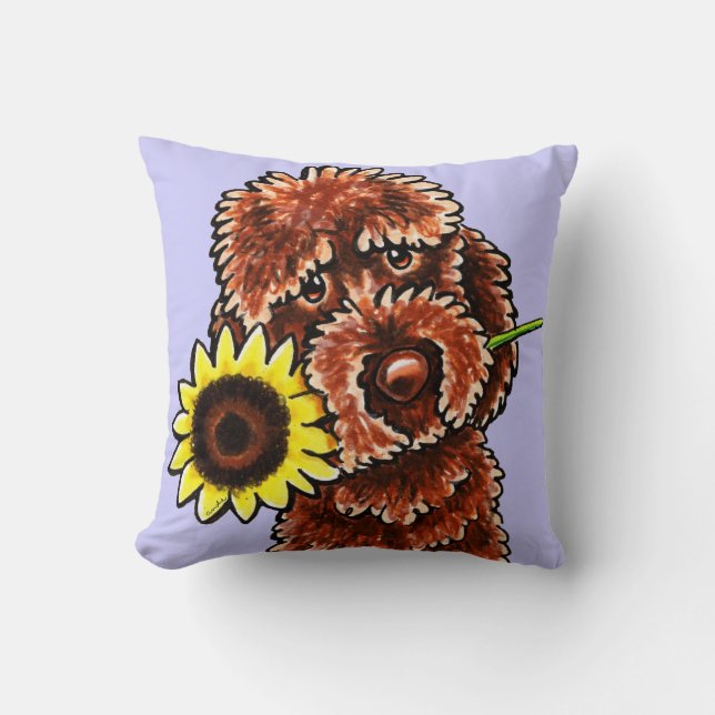 Sunny Chocolate Labradoodle Off-Leash Art™ Throw Pillow (Front)