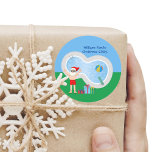 Sunny Christmas Santa Claus Cute Custom Pool Party Classic Round Sticker<br><div class="desc">This fun Christmas in July sticker makes a perfect summer party accessory for a pool gathering. Make it a fun north pole themed extravaganza with Santa Claus in his swimming trunks next to a cool swimming pool and diving board. Jolly Saint Nick is drawn in a red bathing suit on...</div>
