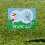 Sunny Christmas Santa Claus Cute Custom Pool Party Sign<br><div class="desc">This fun Christmas in July yard sign makes a perfect summer party decor for a pool gathering. Make it a fun north pole themed extravaganza with Santa Claus in his swimming trunks next to a cool swimming pool and diving board. Jolly Saint Nick is drawn in a red bathing suit...</div>