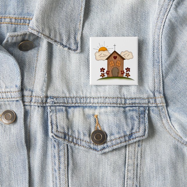 Sunny Church With Flowers Rustic Country Charm  Button (Creator Uploaded)