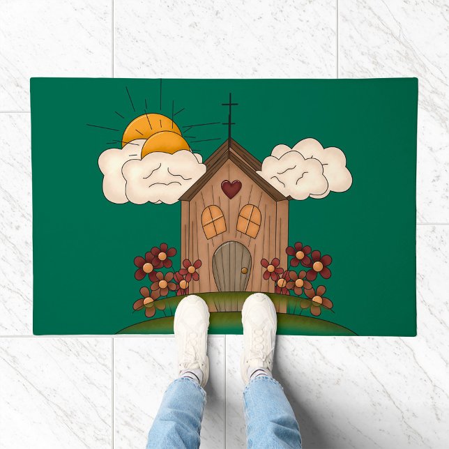 Sunny Church With Flowers Rustic Country Charm  Doormat (Creator Uploaded)