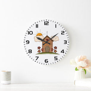 Sunny Church With Flowers Rustic Country Charm Large Clock