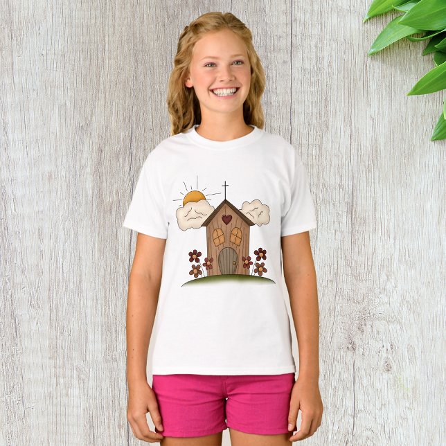 Sunny Church With Flowers Rustic Country Charm  T-Shirt (Creator Uploaded)