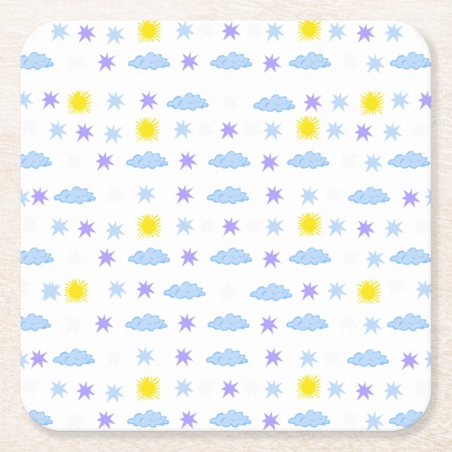 Sunny, Cloudy, Starry Weather Pattern Square Paper Coaster (Front)