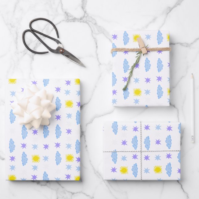 Sunny, Cloudy, Starry Weather Pattern Wrapping Paper Sheets (Front)