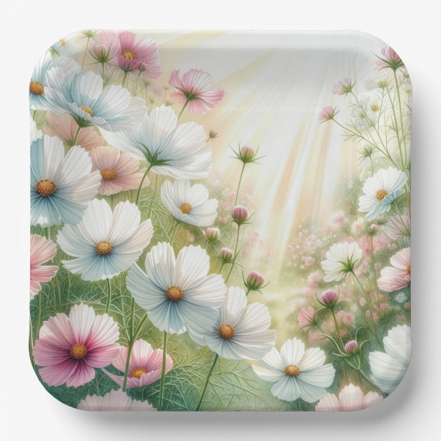 Sunny Cosmos Garden Paper Plates (Front)