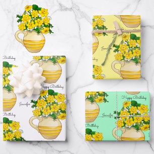 Sunny Daffodils Happy Birthday Add Name 3 Wrapping Paper Sheets