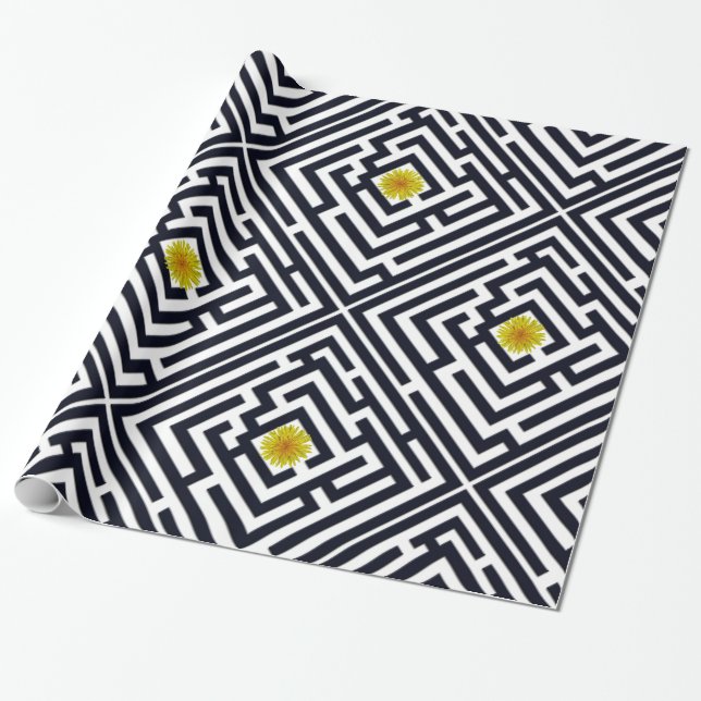 Sunny Dandelion in Black Labyrinth on Custom Color Wrapping Paper (Unrolled)