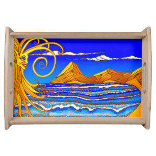 Sunny Day at the Beach Watercolor Painting Serving Tray