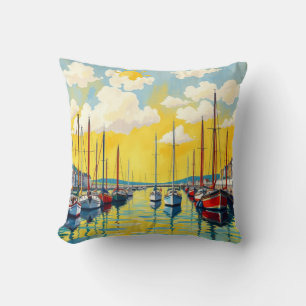 Sunny day at the harbor throw pillow