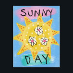 Sunny Day - Cute Happy Sun Postcard<br><div class="desc">Whimsical shining sun in this Sunny Day painting. It features a bright yellow sun in loose style with polka dots and flowers along with handrawn text on pink and aqua,  all over a blue background.</div>