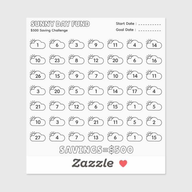 Sunny Day Fund 500$ Savings Challenge Budget Plan  Sticker (Sheet)
