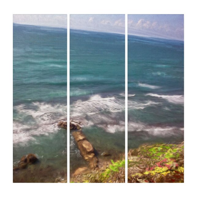 Sunny Day Sea Beach Israel Herzlia Oil Painting Triptych (Front)