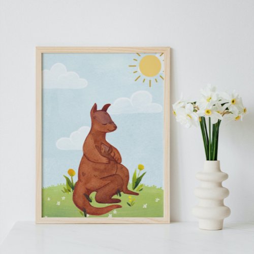 Sunny Day Watercolor Adult  baby kangaroo Nursery Poster