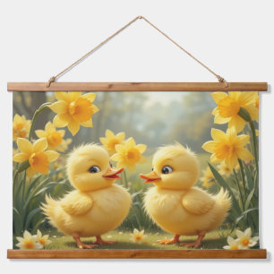 Sunny Duckling Duo Among Daffodils Hanging Tapestry