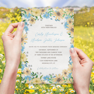 Sunny Elegance Blue Sky Watercolor Floral Wedding Invitation