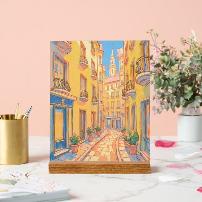 Sunny European Street Cozy Architecture Travel Art Acrylic Sign (Wedding)