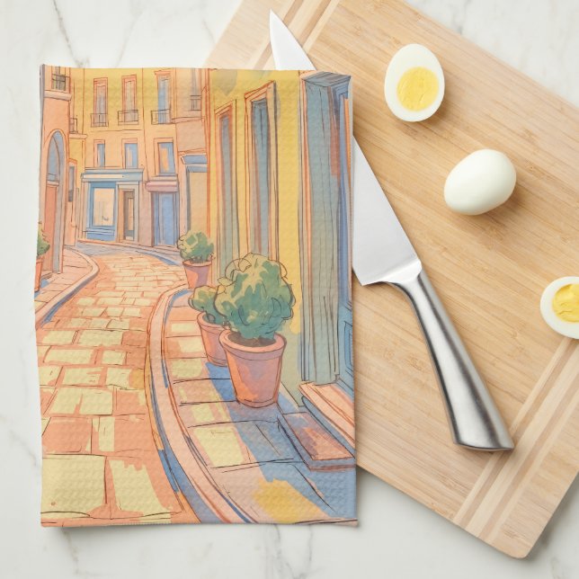Sunny European Street Kitchen Towel – Cozy Travel (Quarter Fold)