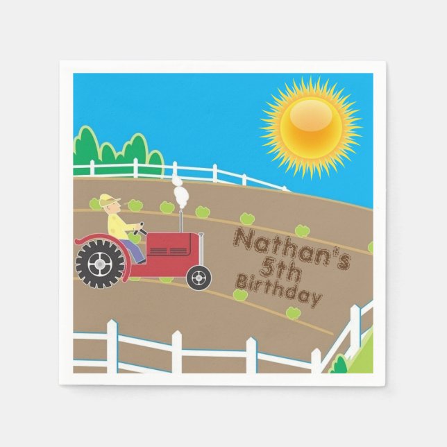 Sunny Farm Tractor Custom Kids Birthday Napkins (Front)