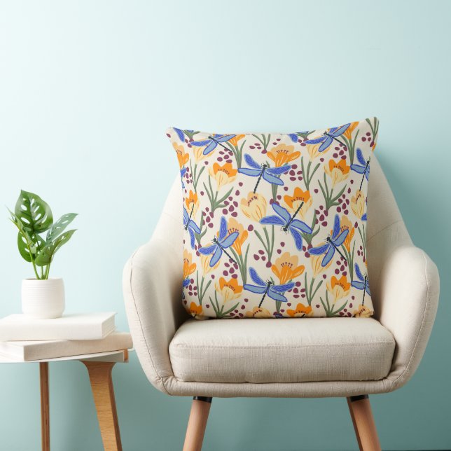 Sunny floral crocus and dragonfly pattern throw pillow (Chair)