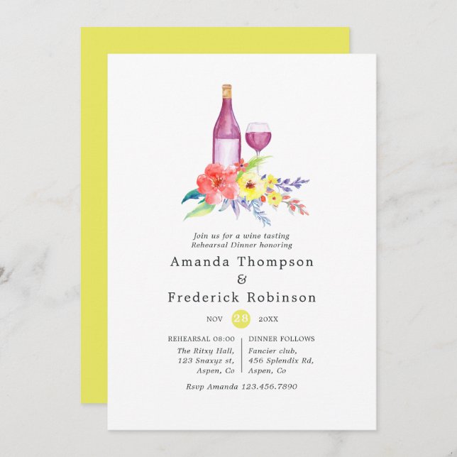 Sunny Floral Rehearsal Dinner Wine Tasting Invitation (Front/Back)