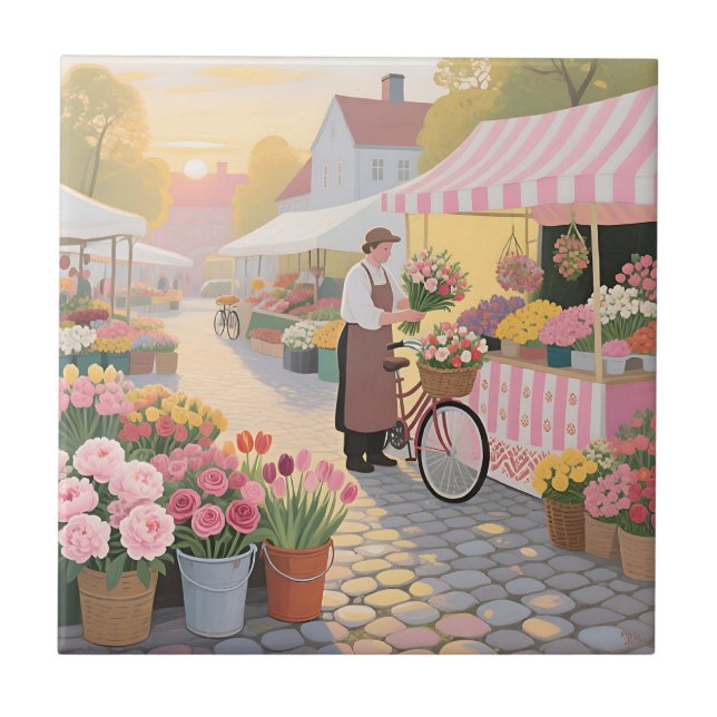 Sunny Flower Street Scene Ceramic Tile (Front)
