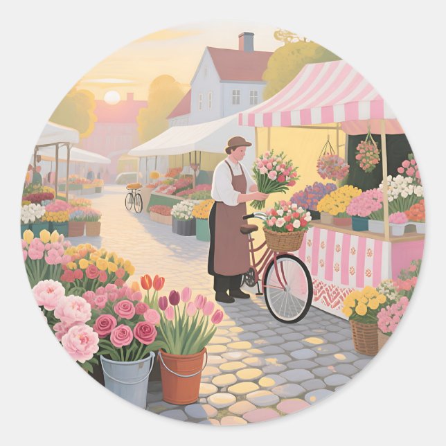 Sunny Flower Street Scene Classic Round Sticker (Front)
