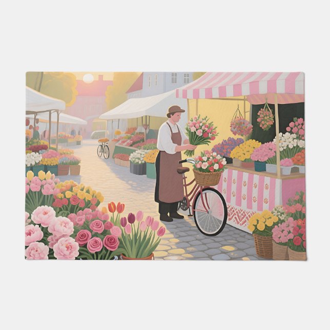 Sunny Flower Street Scene Doormat (Front)