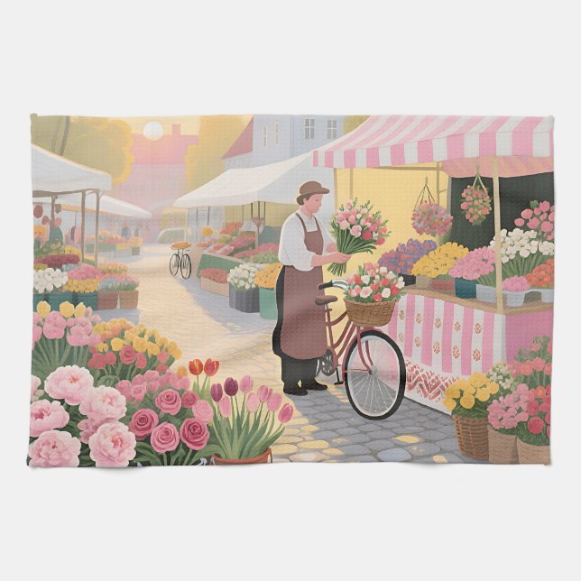 Sunny Flower Street Scene Kitchen Towel (Horizontal)