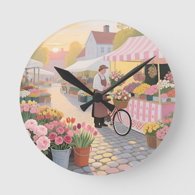 Sunny Flower Street Scene Round Clock (Front)