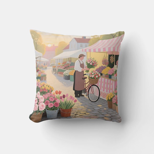 Sunny Flower Street Scene Throw Pillow (Front)