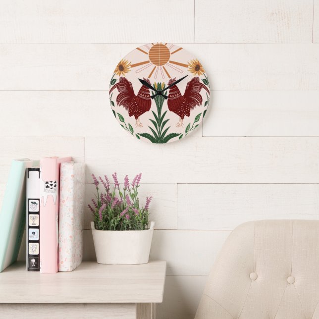 Sunny Folk Art Rooster Symmetrical Design Large Clock (Reading Room)