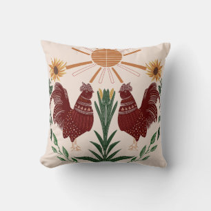 Sunny Folk Art Rooster Symmetrical Design Throw Pillow