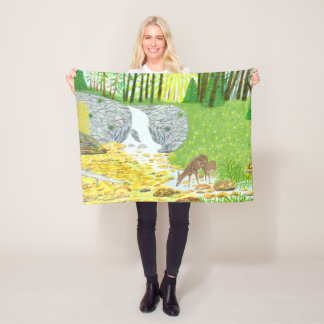 Sunny Forest With Deer Fleece Blanket