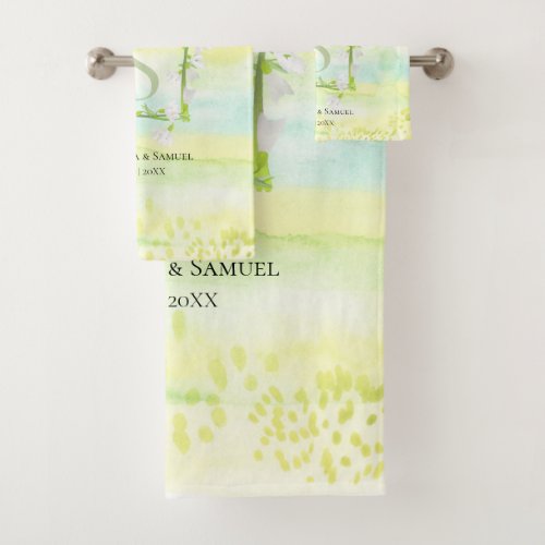 Sunny  Fresh Watercolor Snowdrops Wreath Monogram Bath Towel Set