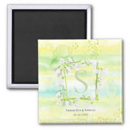 Sunny  Fresh Watercolor Snowdrops Wreath Monogram Magnet