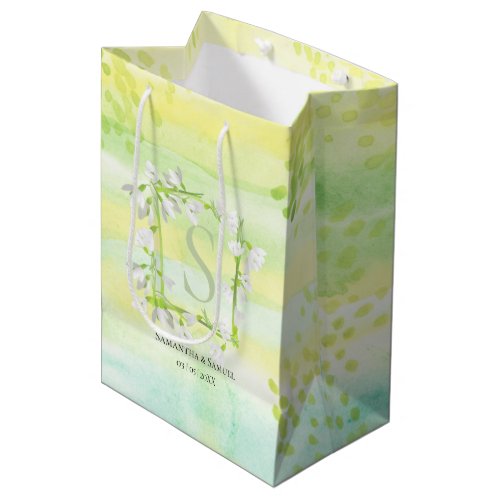 Sunny  Fresh Watercolor Snowdrops Wreath Monogram Medium Gift Bag