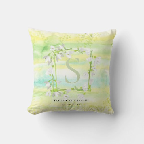 Sunny  Fresh Watercolor Snowdrops Wreath Monogram Throw Pillow