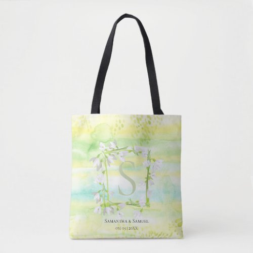 Sunny  Fresh Watercolor Snowdrops Wreath Monogram Tote Bag