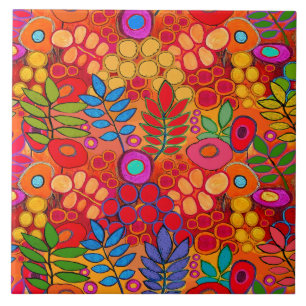 Sunny Garden Flowers - Red Yellow Orange Ceramic Tile